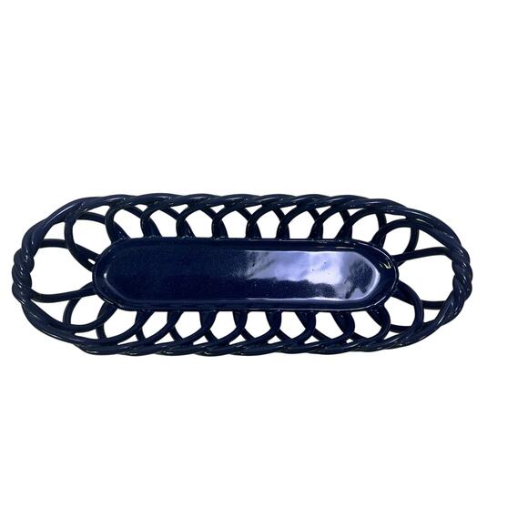 Ceramic Open Woven Weave Blue Bread Baguette 15.5" Centerpiece Basket-Exquisite - Picture 2 of 5